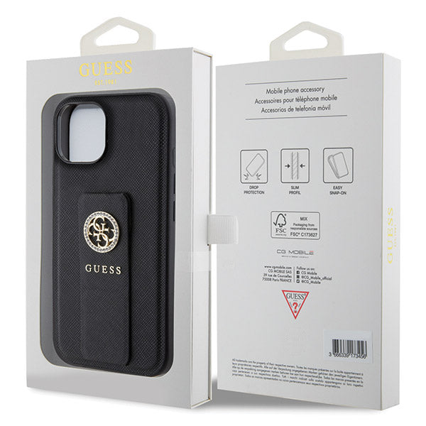 Étui pour Apple iPhone 15, Guess, Grip Stand 4G Saffiano Strass, Noir