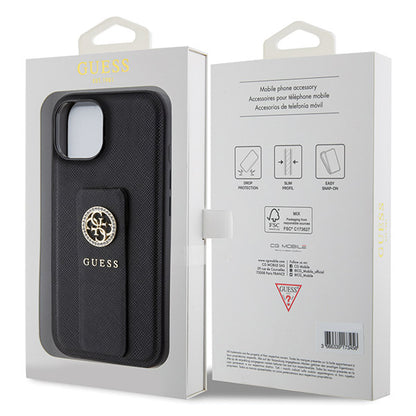 Étui pour Apple iPhone 15, Guess, Grip Stand 4G Saffiano Strass, Noir