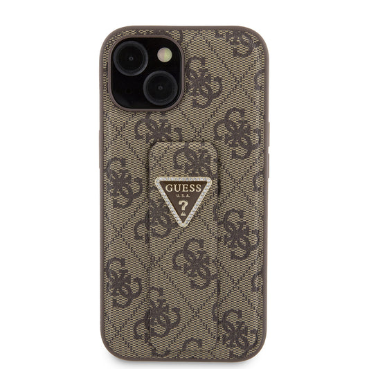 Étui pour Apple iPhone 15, Guess, Grip Stand 4G Triangle Strass, Marron