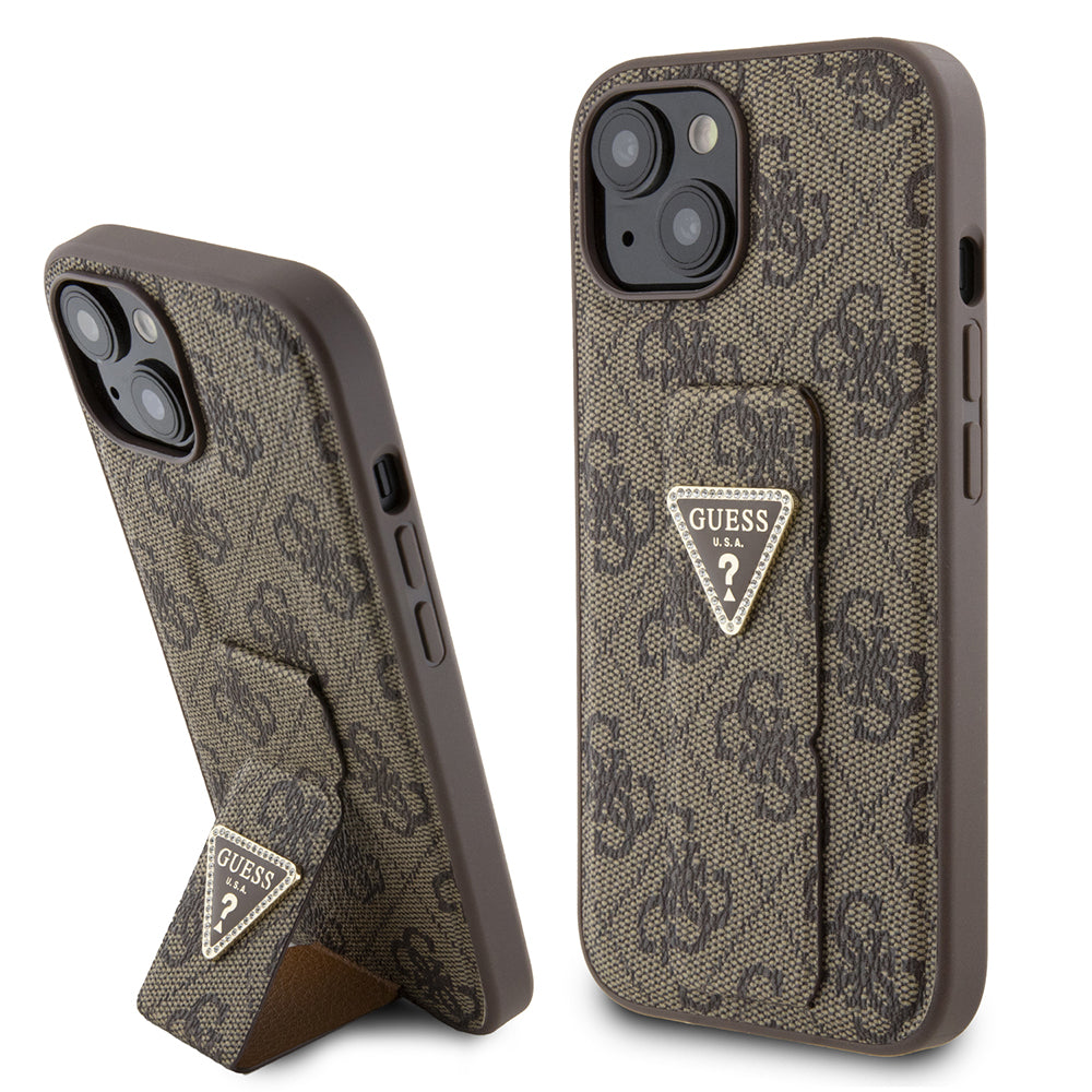 Étui pour Apple iPhone 15, Guess, Grip Stand 4G Triangle Strass, Marron