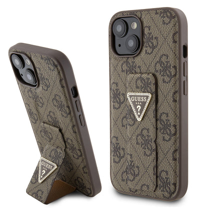 Étui pour Apple iPhone 15, Guess, Grip Stand 4G Triangle Strass, Marron