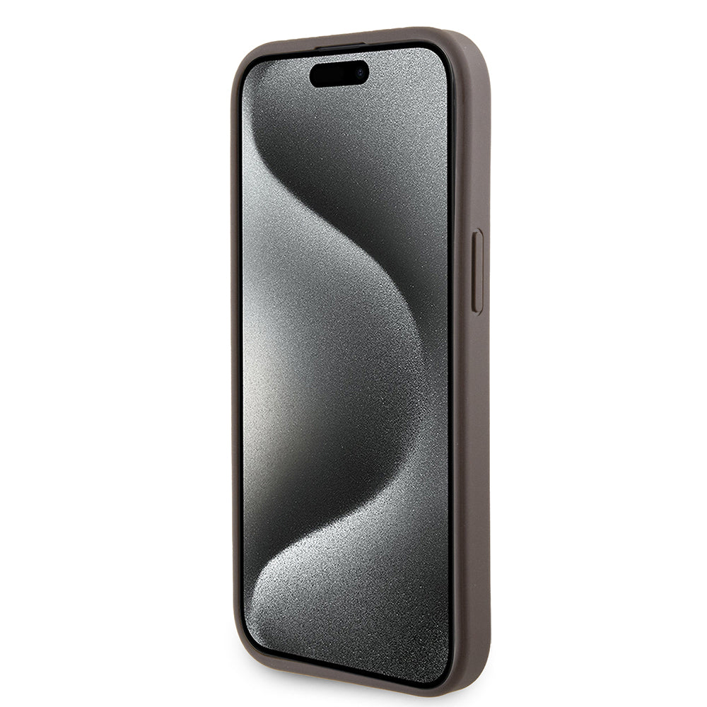 Étui pour Apple iPhone 15, Guess, Grip Stand 4G Triangle Strass, Marron