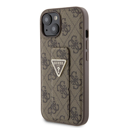 Étui pour Apple iPhone 15, Guess, Grip Stand 4G Triangle Strass, Marron