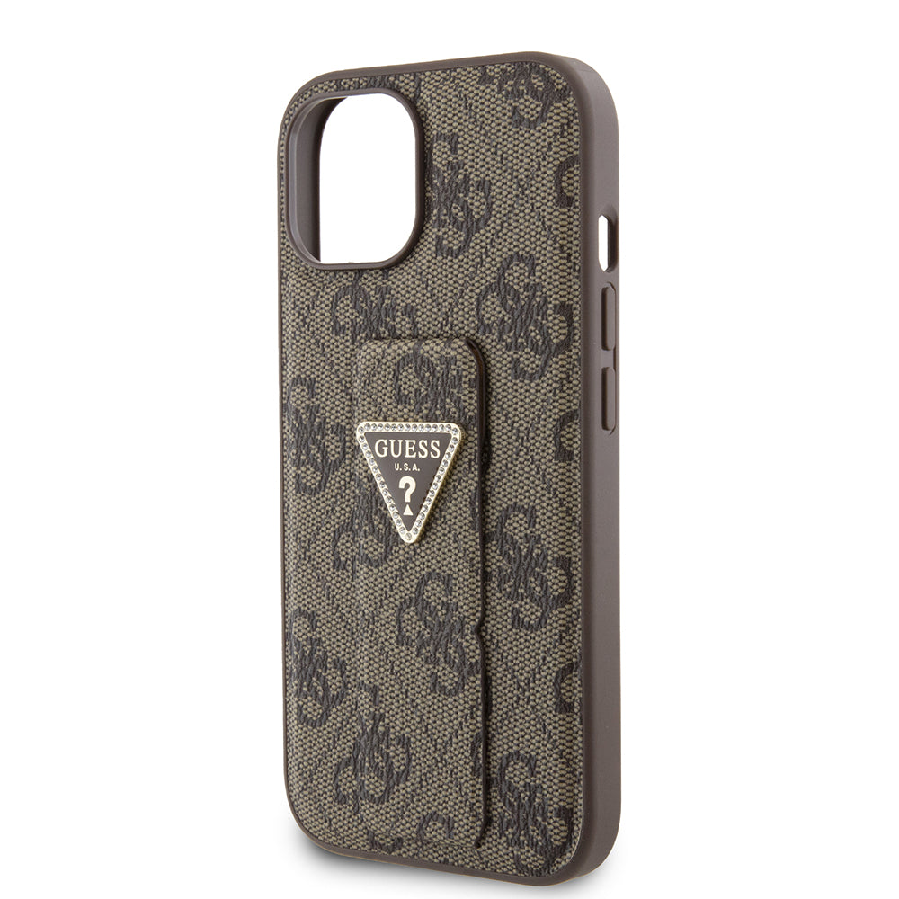 Étui pour Apple iPhone 15, Guess, Grip Stand 4G Triangle Strass, Marron