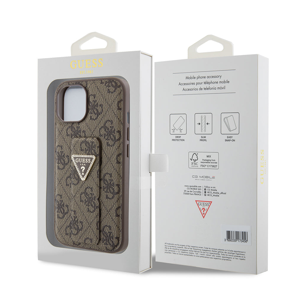 Étui pour Apple iPhone 15, Guess, Grip Stand 4G Triangle Strass, Marron