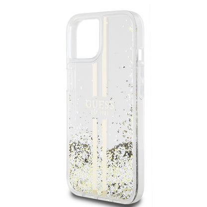 Étui pour Apple iPhone 15, Guess, Liquid Glitter Gold Stripes, Transparent