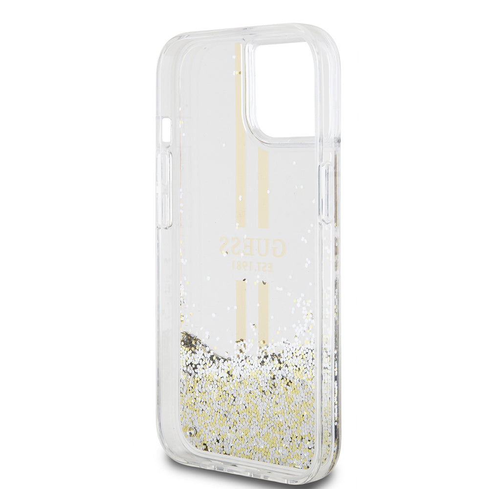 Étui pour Apple iPhone 15, Guess, Liquid Glitter Gold Stripes, Transparent