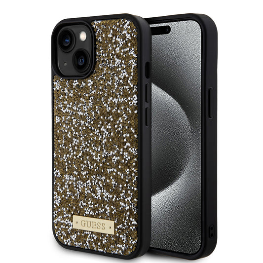 Housse pour Apple iPhone 15, Guess, Logo Métal Strass, Jaune