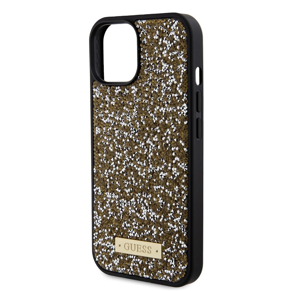 Housse pour Apple iPhone 15, Guess, Logo Métal Strass, Jaune