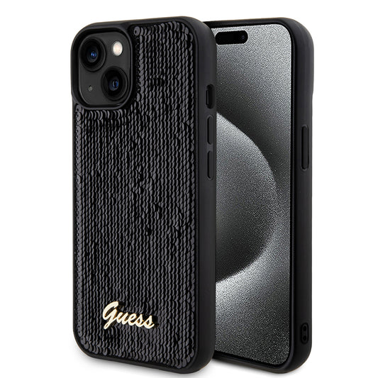 Étui pour Apple iPhone 15, Guess, Sequin Script Metal, Noir