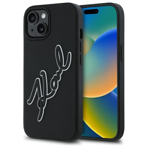 Étui pour Apple iPhone 15, Karl Lagerfeld, Signature en Caoutchouc 3D, Noir