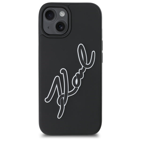 Étui pour Apple iPhone 15, Karl Lagerfeld, Signature en Caoutchouc 3D, Noir