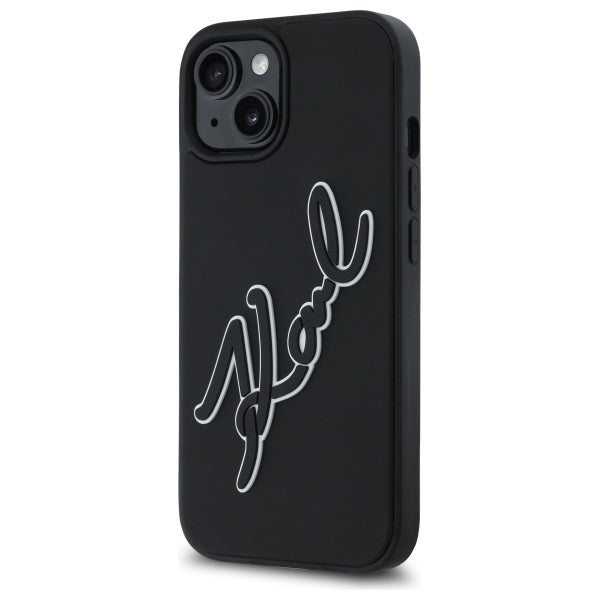Étui pour Apple iPhone 15, Karl Lagerfeld, Signature en Caoutchouc 3D, Noir