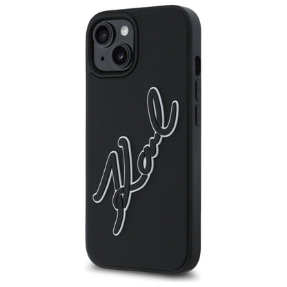 Étui pour Apple iPhone 15, Karl Lagerfeld, Signature en Caoutchouc 3D, Noir