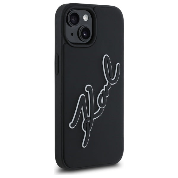 Étui pour Apple iPhone 15, Karl Lagerfeld, Signature en Caoutchouc 3D, Noir