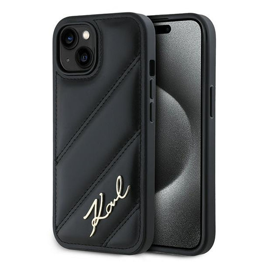 Étui pour Apple iPhone 15, Karl Lagerfeld, Diagonal Quilted Script, Noir