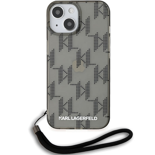 Étui pour Apple iPhone 15, Karl Lagerfeld, Monogramme de Luxe IML KL avec Sangle, Noir