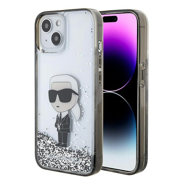 Étui pour Apple iPhone 15, Karl Lagerfeld, Liquid Glitter Ikonik Karl, Transparent