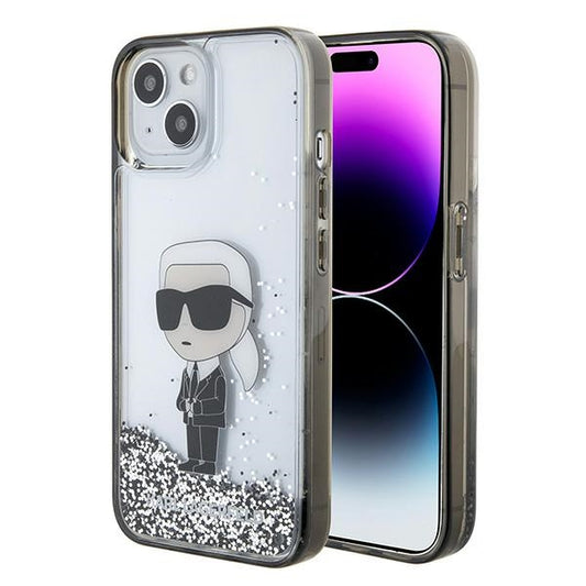 Étui pour Apple iPhone 15, Karl Lagerfeld, Liquid Glitter Ikonik Karl, Transparent