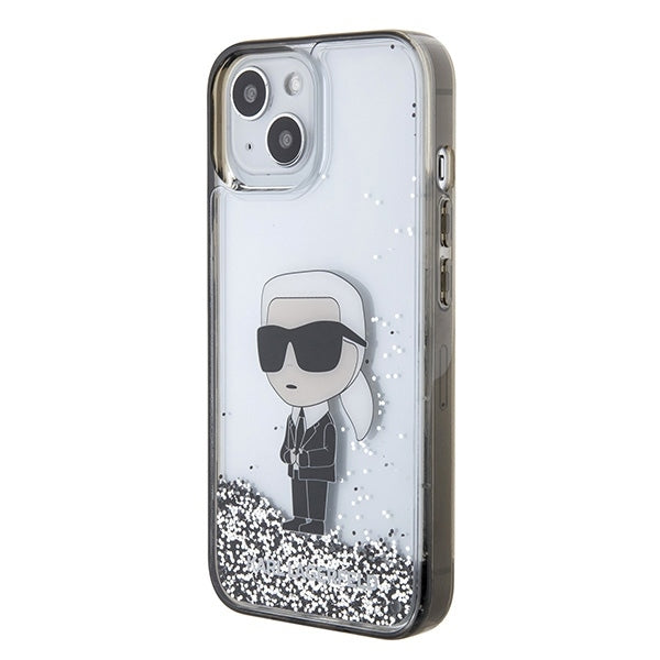Étui pour Apple iPhone 15, Karl Lagerfeld, Liquid Glitter Ikonik Karl, Transparent