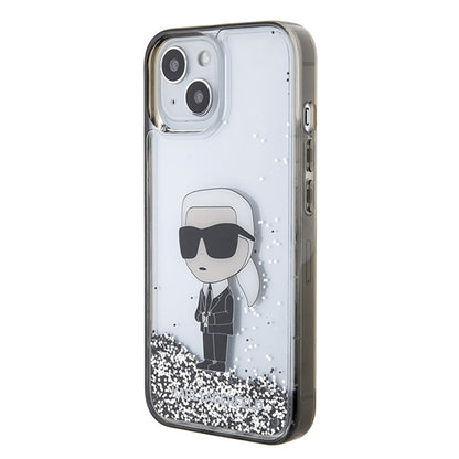 Étui pour Apple iPhone 15, Karl Lagerfeld, Liquid Glitter Ikonik Karl, Transparent