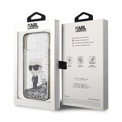 Étui pour Apple iPhone 15, Karl Lagerfeld, Liquid Glitter Ikonik Karl, Transparent