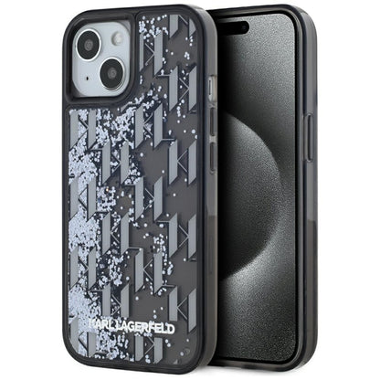 Étui pour Apple iPhone 15, Karl Lagerfeld, Monogramme à Paillettes Liquides, Noir