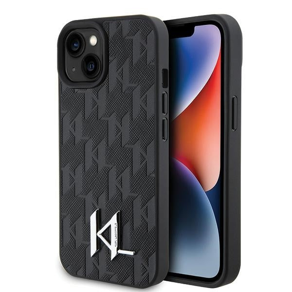 Étui pour Apple iPhone 15, Karl Lagerfeld, Monogramme Hot Stamp Metal Logo, Noir