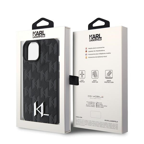Étui pour Apple iPhone 15, Karl Lagerfeld, Monogramme Hot Stamp Metal Logo, Noir