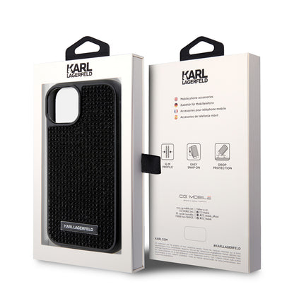 Étui pour Apple iPhone 15, Karl Lagerfeld, Plaque Métallique Strass, Noir