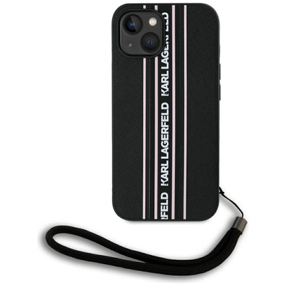 Étui pour Apple iPhone 15, Karl Lagerfeld, Saffiano Athleisure Stripes avec sangle, Rose