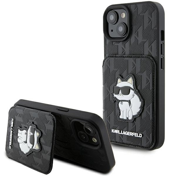 Étui pour Apple iPhone 15, Karl Lagerfeld, Saffiano Cardslots and Stand Monogram Choupette, Noir