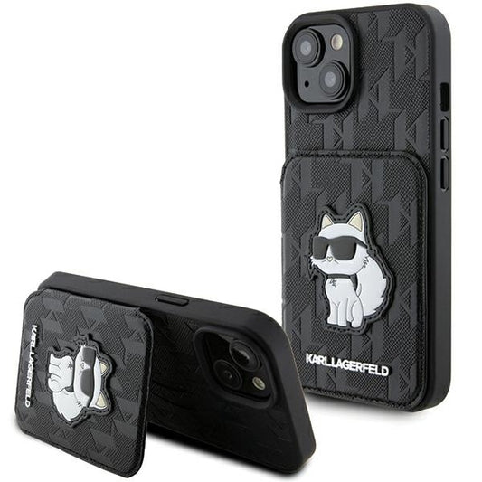 Étui pour Apple iPhone 15, Karl Lagerfeld, Saffiano Cardslots and Stand Monogram Choupette, Noir