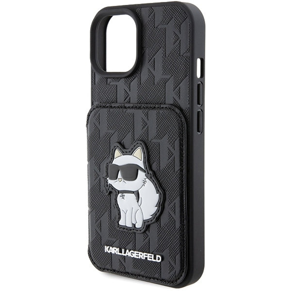 Étui pour Apple iPhone 15, Karl Lagerfeld, Saffiano Cardslots and Stand Monogram Choupette, Noir