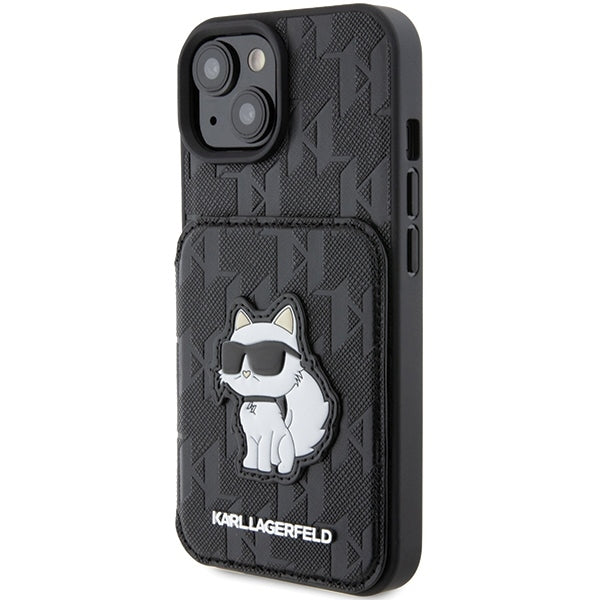 Étui pour Apple iPhone 15, Karl Lagerfeld, Saffiano Cardslots and Stand Monogram Choupette, Noir