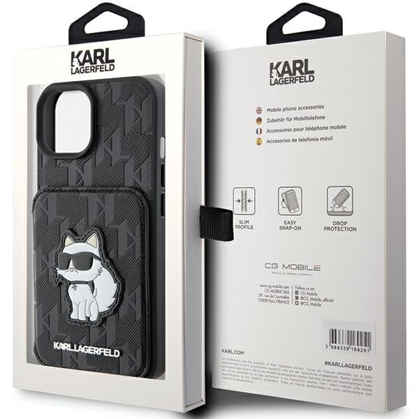 Étui pour Apple iPhone 15, Karl Lagerfeld, Saffiano Cardslots and Stand Monogram Choupette, Noir