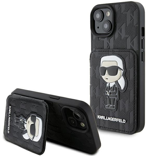 Étui pour Apple iPhone 15, Karl Lagerfeld, Saffiano Cardslots and Stand Monogram Ikonik Karl, Noir