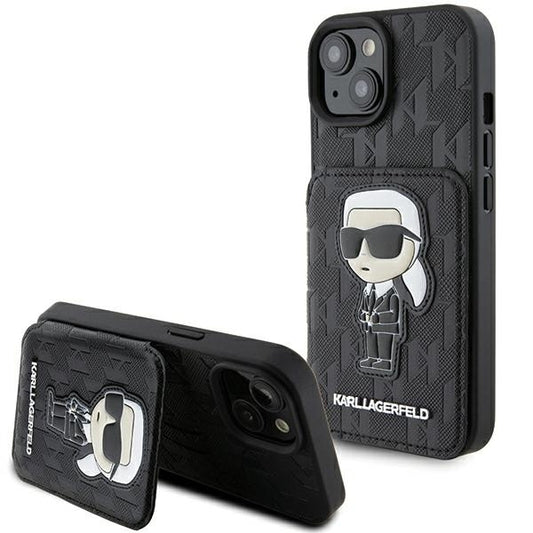 Étui pour Apple iPhone 15, Karl Lagerfeld, Saffiano Cardslots and Stand Monogram Ikonik Karl, Noir