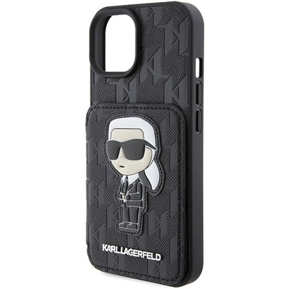 Étui pour Apple iPhone 15, Karl Lagerfeld, Saffiano Cardslots and Stand Monogram Ikonik Karl, Noir
