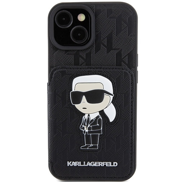 Étui pour Apple iPhone 15, Karl Lagerfeld, Saffiano Cardslots and Stand Monogram Ikonik Karl, Noir