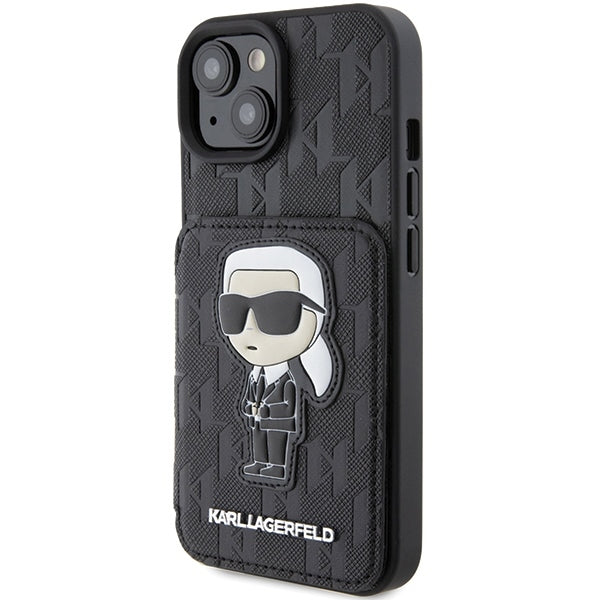 Étui pour Apple iPhone 15, Karl Lagerfeld, Saffiano Cardslots and Stand Monogram Ikonik Karl, Noir