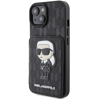 Étui pour Apple iPhone 15, Karl Lagerfeld, Saffiano Cardslots and Stand Monogram Ikonik Karl, Noir