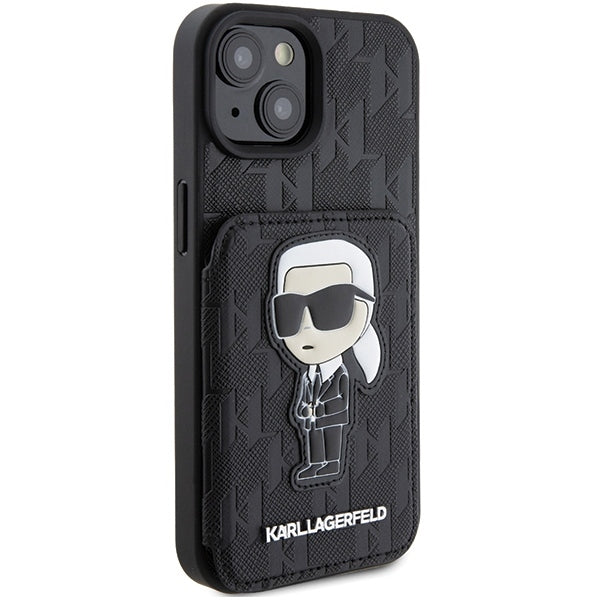 Étui pour Apple iPhone 15, Karl Lagerfeld, Saffiano Cardslots and Stand Monogram Ikonik Karl, Noir