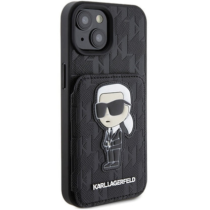 Étui pour Apple iPhone 15, Karl Lagerfeld, Saffiano Cardslots and Stand Monogram Ikonik Karl, Noir