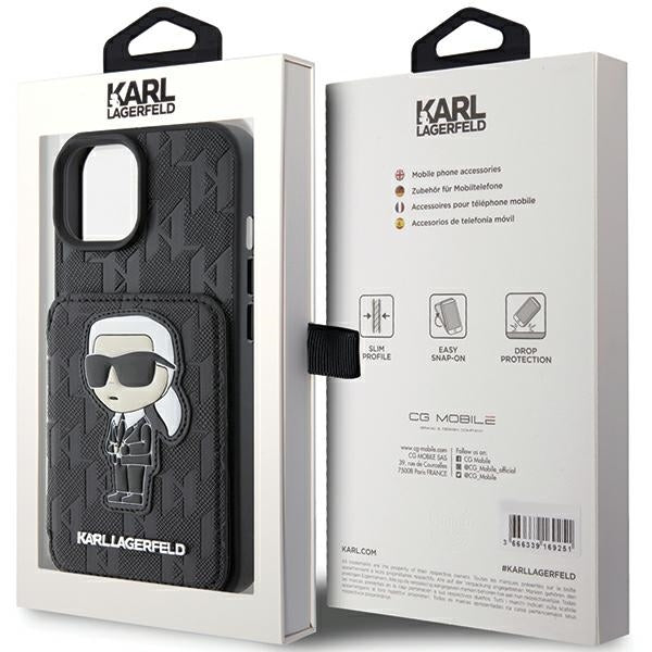 Étui pour Apple iPhone 15, Karl Lagerfeld, Saffiano Cardslots and Stand Monogram Ikonik Karl, Noir