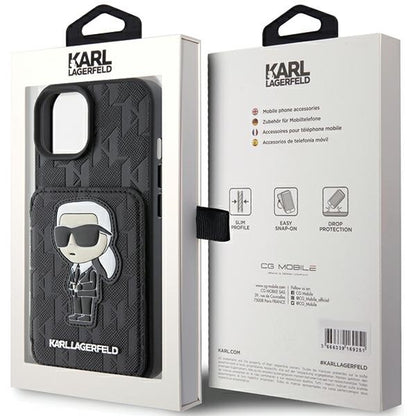 Étui pour Apple iPhone 15, Karl Lagerfeld, Saffiano Cardslots and Stand Monogram Ikonik Karl, Noir