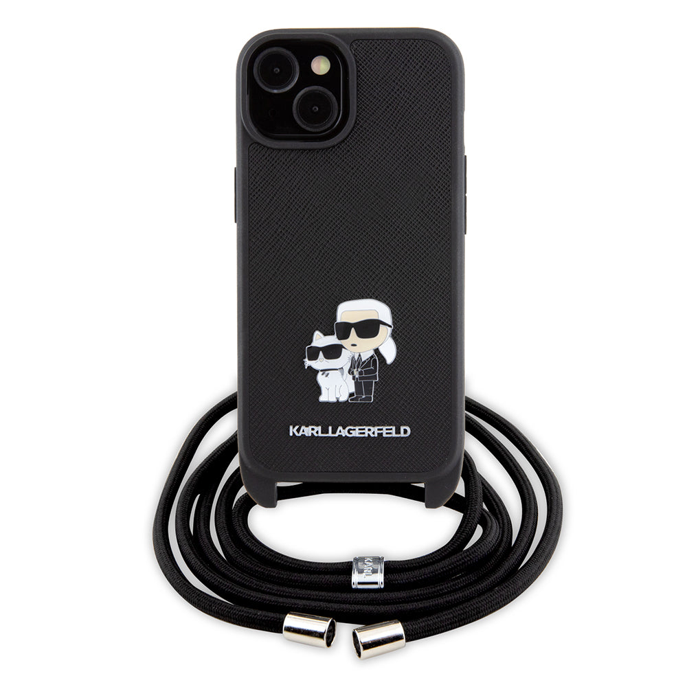 Étui pour Apple iPhone 15, Karl Lagerfeld, Saffiano Crossbody Metal Pin Karl & Choupette, Noir