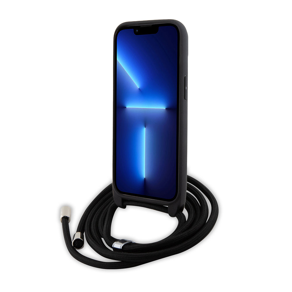 Étui pour Apple iPhone 15, Karl Lagerfeld, Saffiano Crossbody Metal Pin Karl & Choupette, Noir