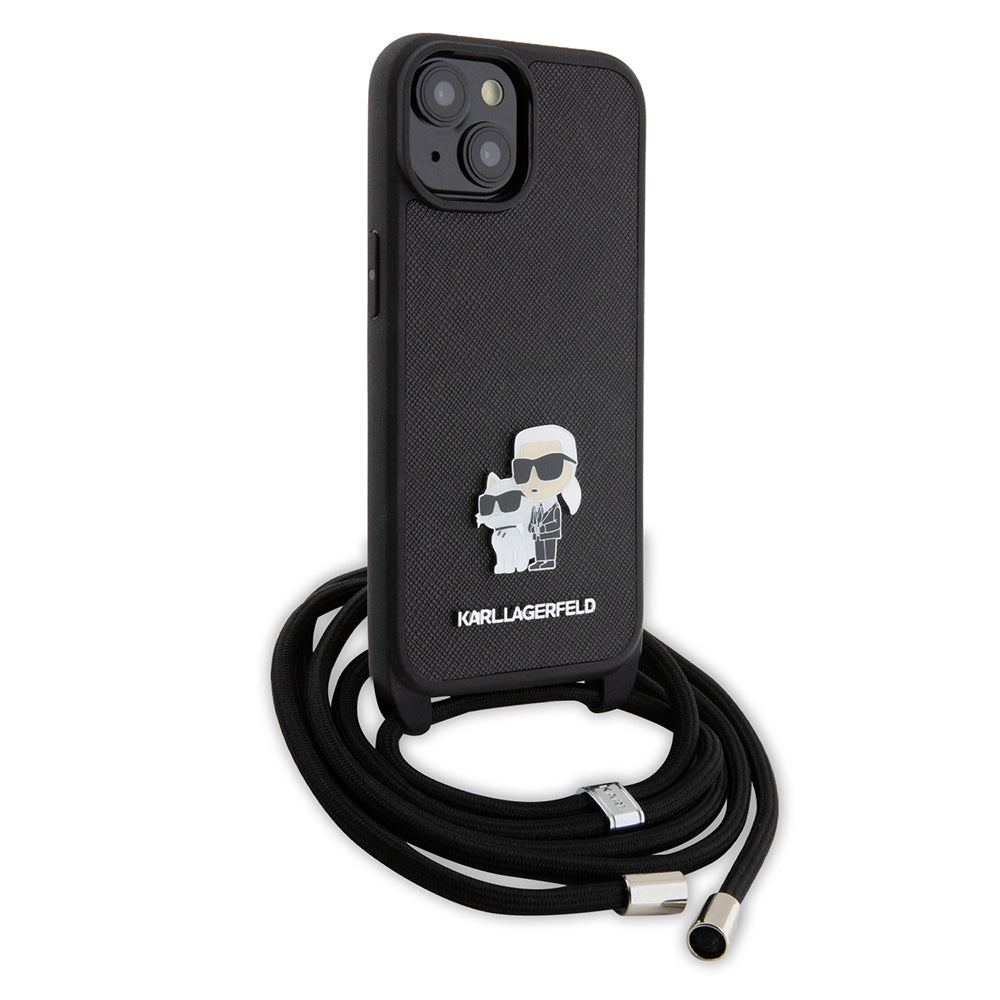 Étui pour Apple iPhone 15, Karl Lagerfeld, Saffiano Crossbody Metal Pin Karl & Choupette, Noir