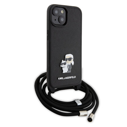 Étui pour Apple iPhone 15, Karl Lagerfeld, Saffiano Crossbody Metal Pin Karl & Choupette, Noir